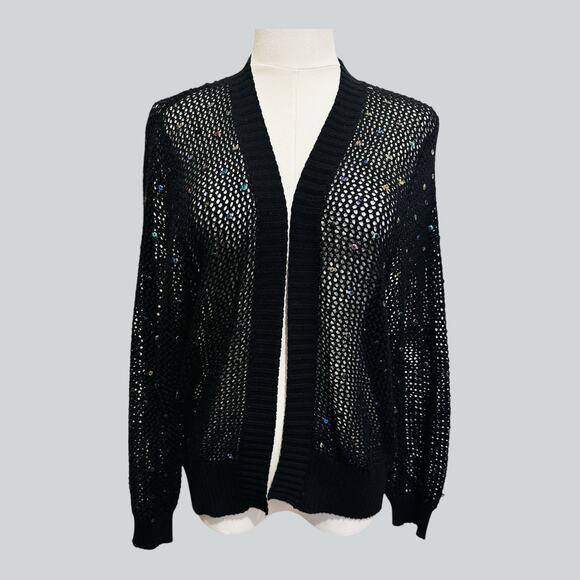 Moe Black Open Mesh Iridescent Sequins Whimsigoth Fairy Grunge Cardigan Size 3X - Picture 9 of 9